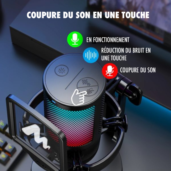 Microphone de jeu à condensateur USB avec éclairage RVB, réduction du bruit et coupure du son en une seule touche