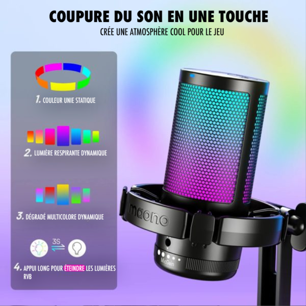 Microphone de jeu à condensateur USB avec éclairage RVB, réduction du bruit et coupure du son en une seule touche