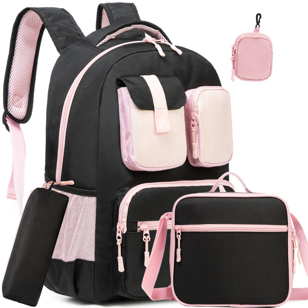 Sac à dos multi-poches pour fille avec sac à lunch et trousse à crayons
