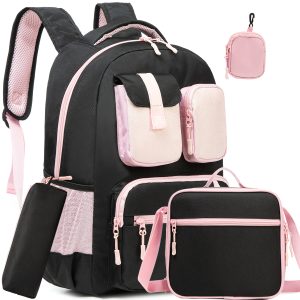 Sac à dos multi-poches pour fille avec sac à lunch et trousse à crayons