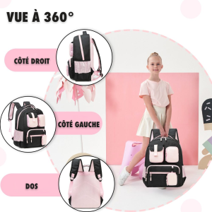 Sac à dos multi-poches pour fille avec sac à lunch et trousse à crayons