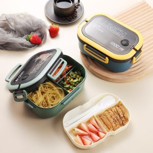 Boîte à lunch portable double couche avec compartiments, fourchette et cuillère, compatible micro-ondes